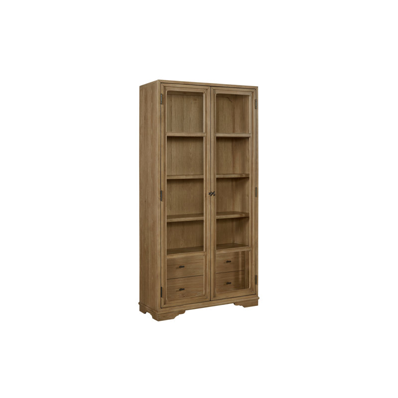 Vitrine haute couleur noix de cajou avec portes doubles vitrées, plusieurs étagères fixes pour ranger la vaisselle et les objets de décoration, deux tiroirs de rangement, fabriquée en placage de qualité, hauteur 208 cm (81,82 po).