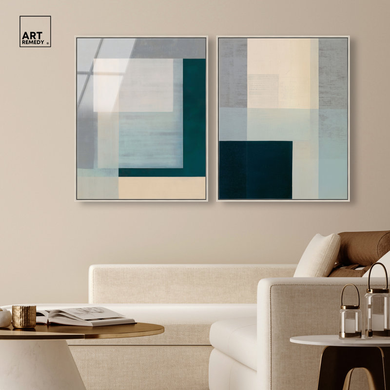 «Cool Tones Rectangles Duo», ensemble de décorations murales modernes imprimées en acrylique encadrées par Art Remedy, cadre argenté, 24 x 30