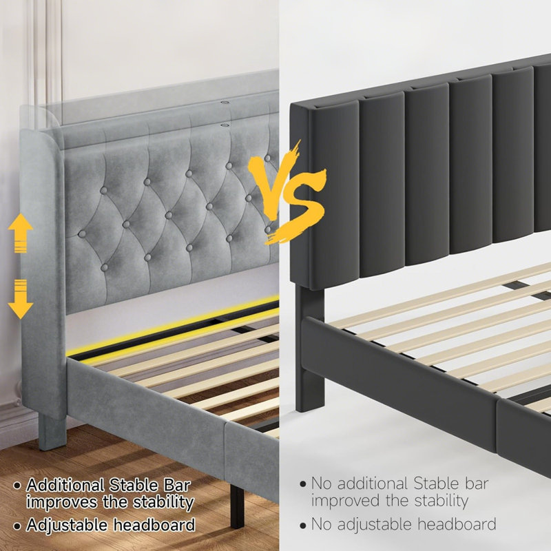 Velvet Tufted Upholstered Platform Bed with Charging Station (Light Gray, Full Size), Light Gray, Full