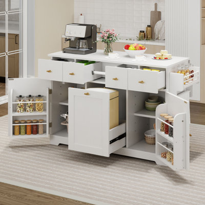 Rolling Portable Kitchen Cart Islands Table Double Tilt Out 10 Gallon Garbage Bin Trash Can Storage Cabinet With Drop Leaf Power Outlet Wheel And Draw by Ebern Designs