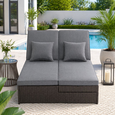 Outdoor Double Sunbed, Wicker Rattan Patio Reclining Chairs with Adjustable Backrest and Seat