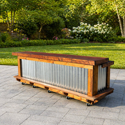 8 Ft Straight Stained Wood And Metal Bartender Station With 2 Shelves And Footrest
