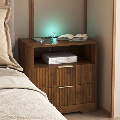 Nightstand with Charging Station, Smart Nightstand with Night Light,with Led Lights,Bedside Tables with Storage Cabinet for Bedroom,Wood