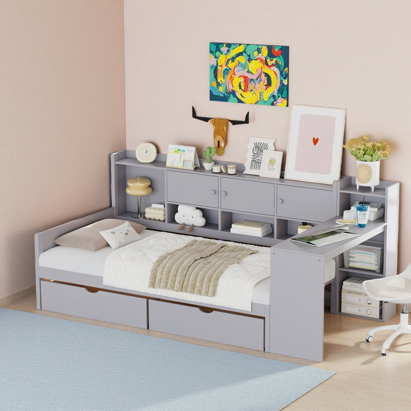 Structure de lit de jour moderne en L multifonctionnel avec bureau d'étude, Gris, Lit simple