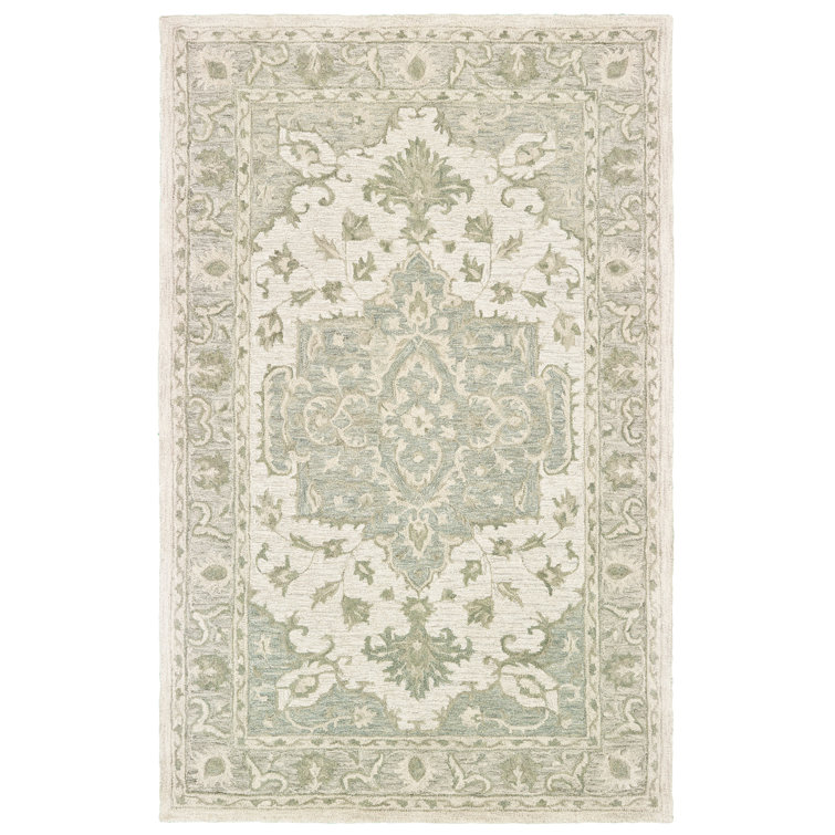 Alosio Vintage Medallion Handmade Natural Wool Area Rug, Sea Green