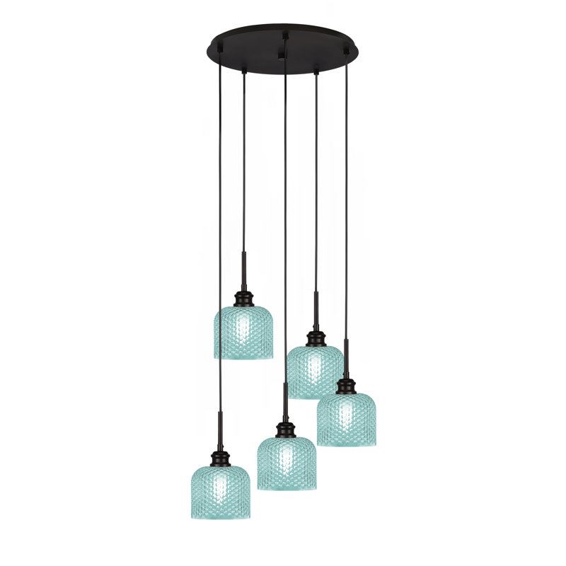 Edge 5 Light Cluster Pendalier With 6" Glass, Espresso, Turquoise Textured
