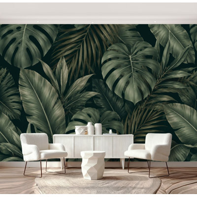 Peel and Stick Wallpaper Monstera Palm Leaf Tropical Dark Green Wall Murals 69"H x 96"W Removable PVC Wall Paper Self-Adhesive Wall Decor for Bedroom Living Room Home Office