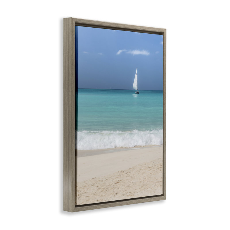 Toile flottante «Lone Sailboat Beach Tide» par Mary Lou Johnson, Cadre flottant orme Montalcino, H 25 po x l 17 po