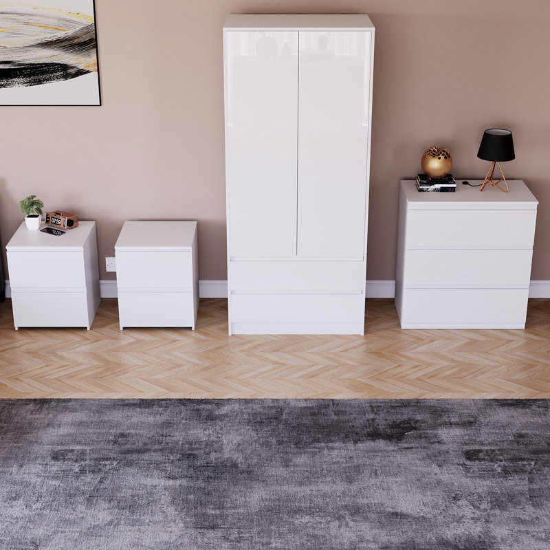 Taniesha 4 Piece Bedroom Set (2 Drawer Bedside Chest X2, 3 Drawer Chest, 2 Door 2 Drawer Wardrobe), (100% FSC), White