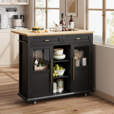 Îlot de rangement mobile, chariot de cuisine sur roulettes à 2 niveaux avec tablette de rangement et porte-serviettes, station de café avec rallonge pour petits espaces, noir