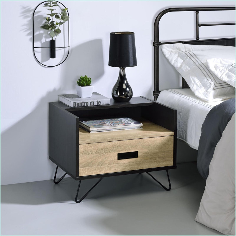 Table de chevet moderne en chêne et noir avec 1 tiroir et tablette ouverte