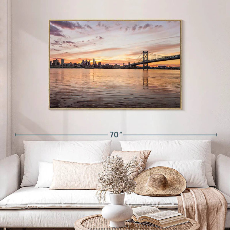 Pont Ben Franklin à couper le souffle, 46 po x 31 po, Cadre flottant en bois naturel
