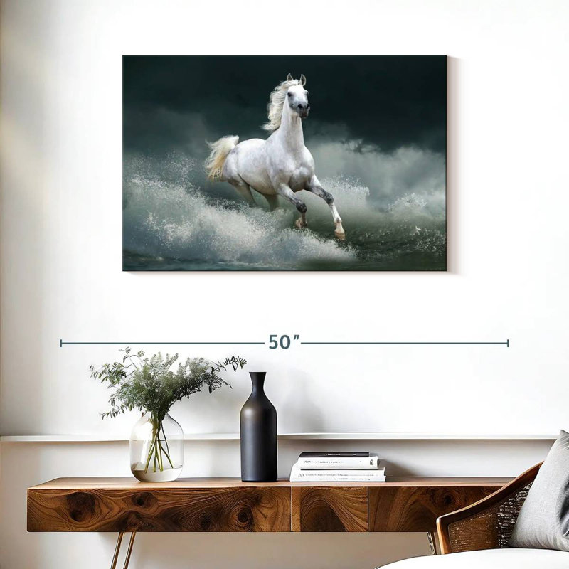 Brampt cheval qui court sauvage sur l'eau, H 24 po x l 36 po