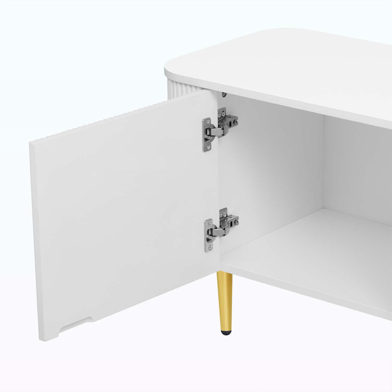 Console multimédia moderne avec 4 armoires spacieuses, Blanc / Doré, Blanc
