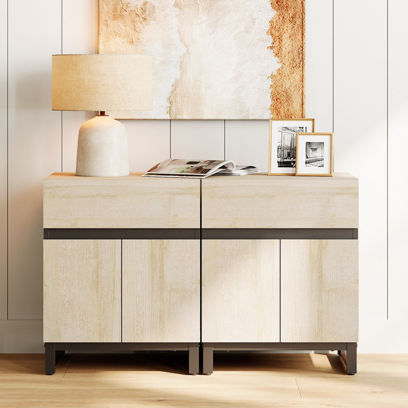 Table de chevet avec 1 tiroir et 1 armoire de rangement Aadam, Beige, Ensemble de 2