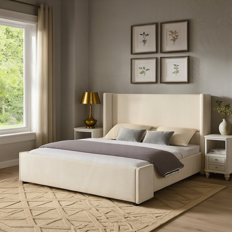 Fabric Upholstered Bed With Tall Headboard, King