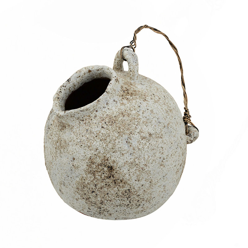 9.8X8.3X10.3" Hand-Pulled Decorative Ceramic Jug With Worn White Finish And Wire-Wrapped Handle