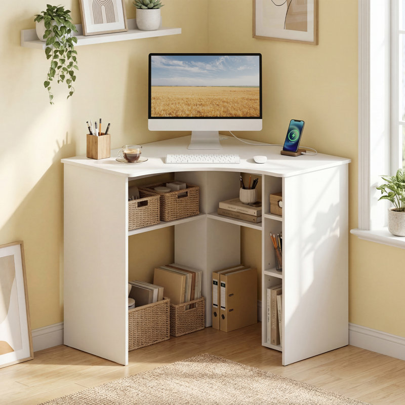 Wrought Studio? Bureau d'ordinateur en L avec tablettes de rangement Tablette réglable pour bureau à domicile, Blanc