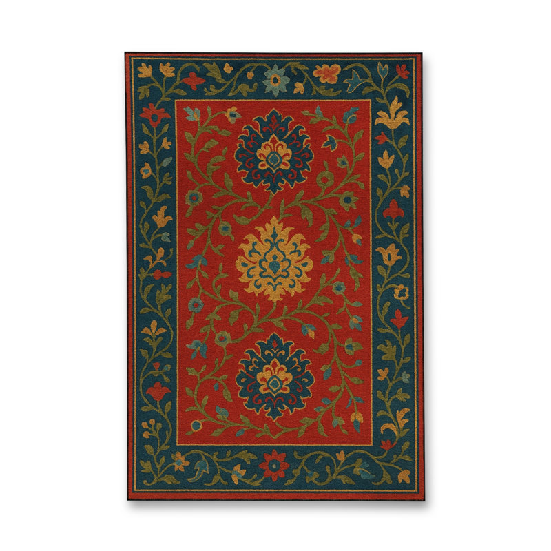 MOSSO Blue Ethnic Floral Vintage Washable Woven Backing Area Rug, 6'7" x 9'10"