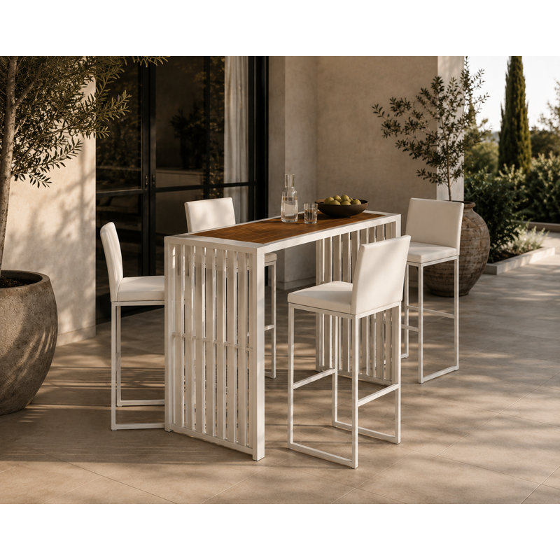 Ensemble de bar extérieur Milo 5 pièces en aluminium – Table de bar de patio de 180 cm avec plateau en polyrésine de couleur teck et 4 tabourets de bar en maille à séchage rapide, entièrement assemblé