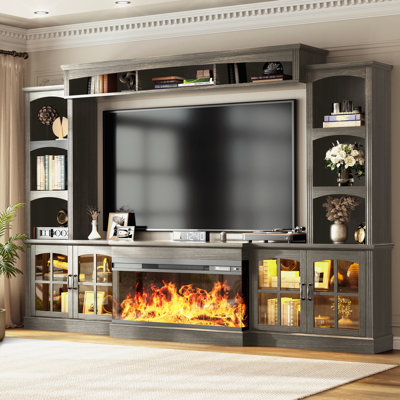 Meuble télé de 98 pouces avec foyer électrique et vitrine, étagères réglables et passe-câbles, style campagnard, centre multimédia avec foyer électrique à 3 côtés, compatible avec les téléviseurs jusqu'à 75 pouces, gris