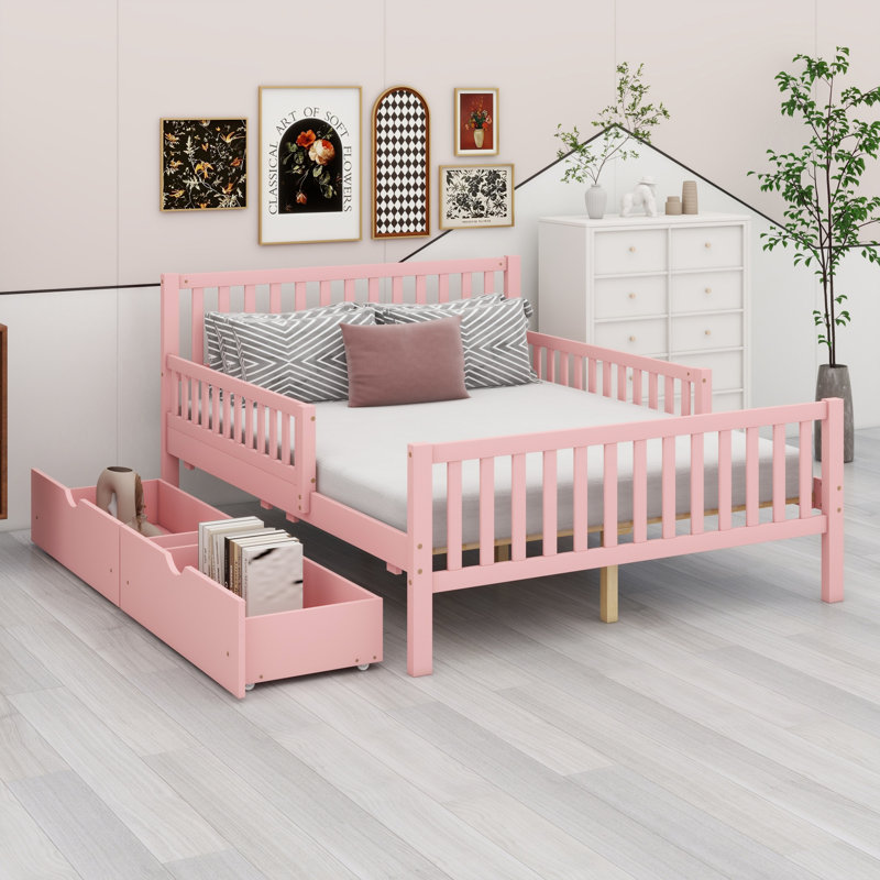 Wood Platform Bed With Guardrails On Both Sides And Two Storage Drawers, Pink
