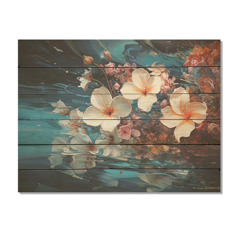 White Plumeria Liquid Art Flower Field I - Flower Field Wood Wall Art On Natural Pine Wood, 10" H x 20" W