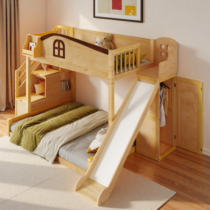 Lit superposé avec escalier de rangement, tablette, glissade et garde-robe, Naturel