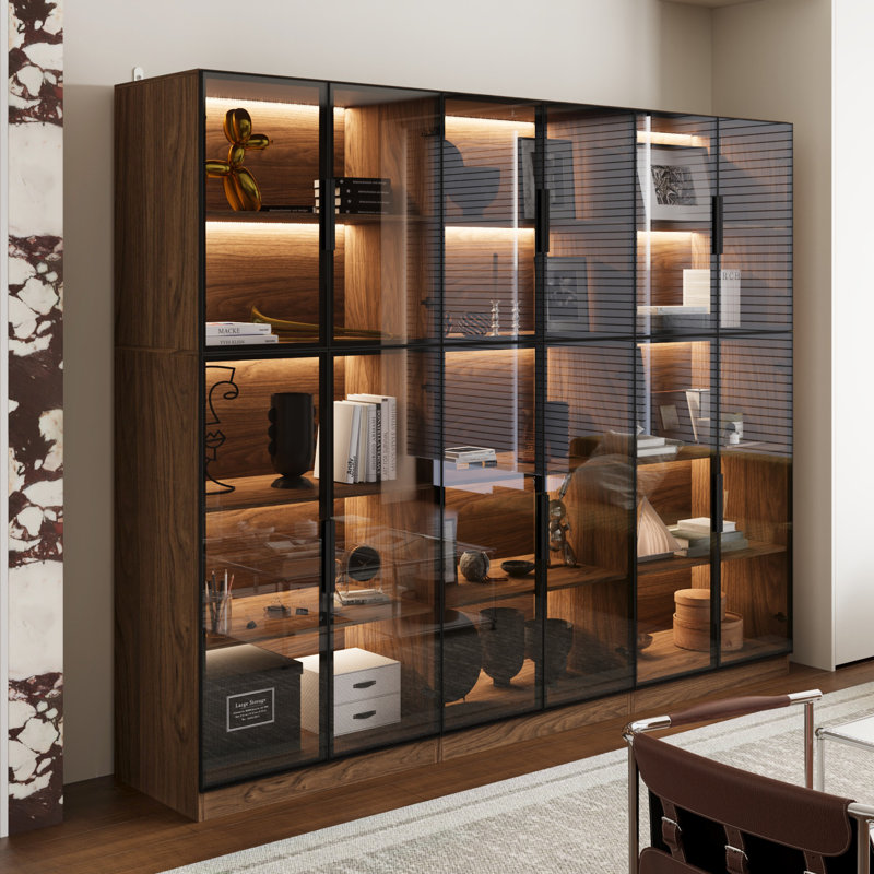 Combination Bookcase With Glass Doors And Led Lights, Display Cabin With 5-tier Shelveset, Walnut, 78.7"H x 94.5"W x 16.5"D