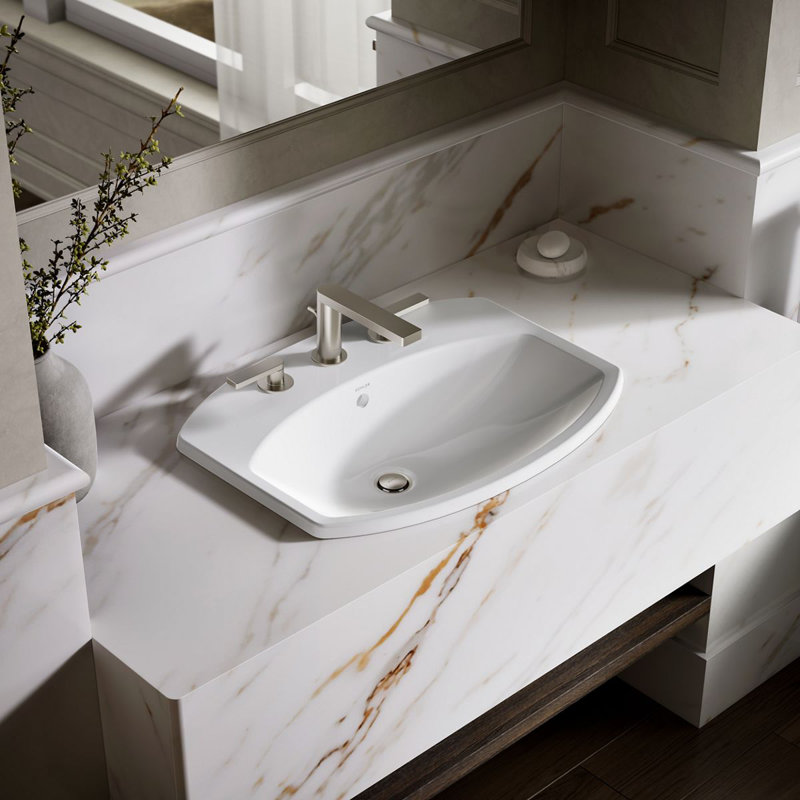 Cimarron® Vitreous China Rectangular Drop-In Bathroom Sink with Overflow, White, 8" Centers