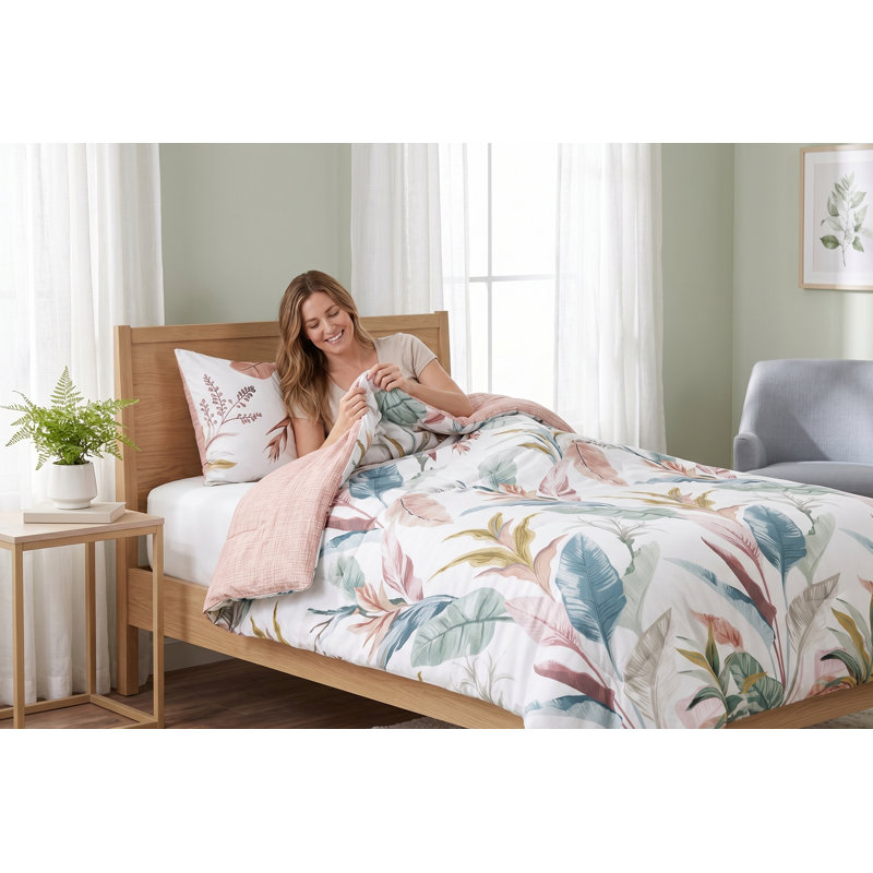 Sierra 3-Piece Reversible Botanical Leaf Print Comforter Set (Double/Queen) - Super Soft Microfiber Bedding