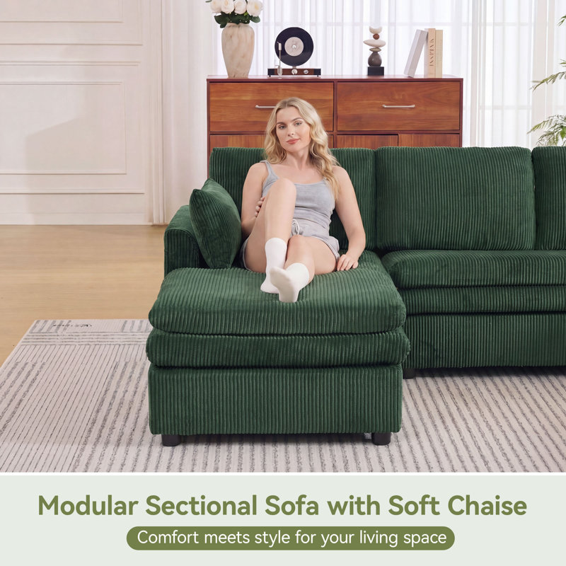  Modular Sectional Sofa with Chaise Lounge, Comfy Deep Dual-Layer Cushion Couch, Green, 5 Seater L Couch