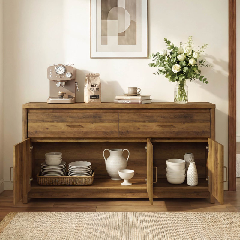 Modern 59" Buffet Table With Metal Handles, Walnut