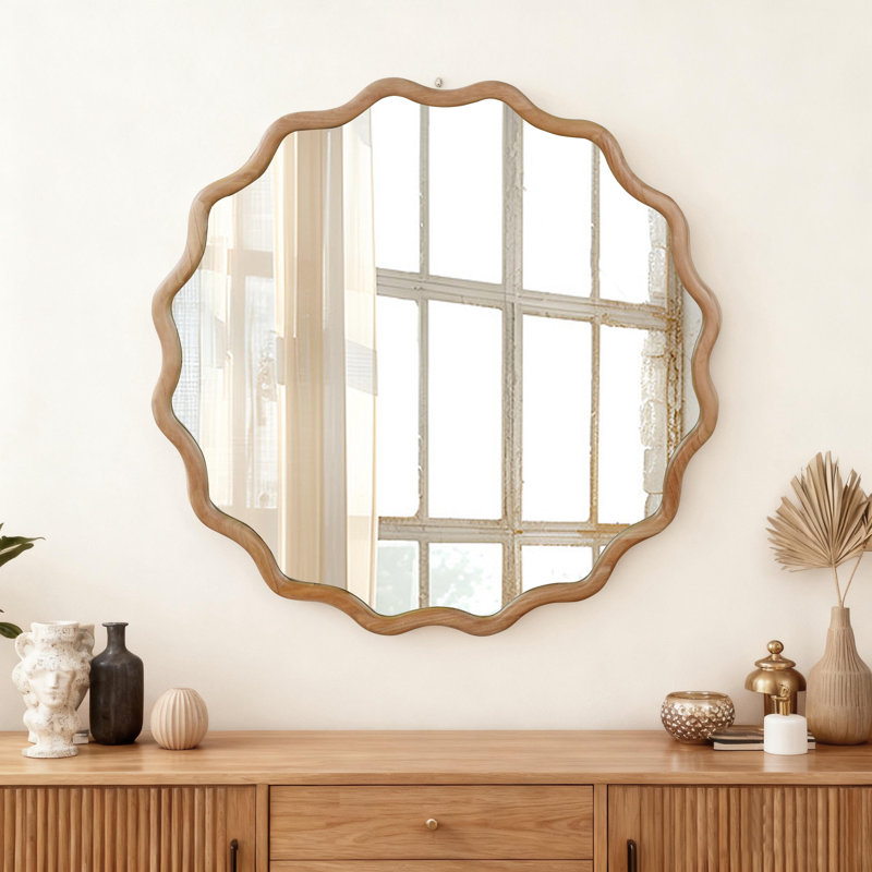 Miroir décoratif rond en bois massif Wavy, Brun jaune, 36 po x 36 po