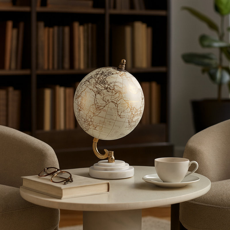 Decorative Globe With Ridged Marble Base For Living Room Decor - Modern Accent For Home And Office Decor - 10", White & Gold