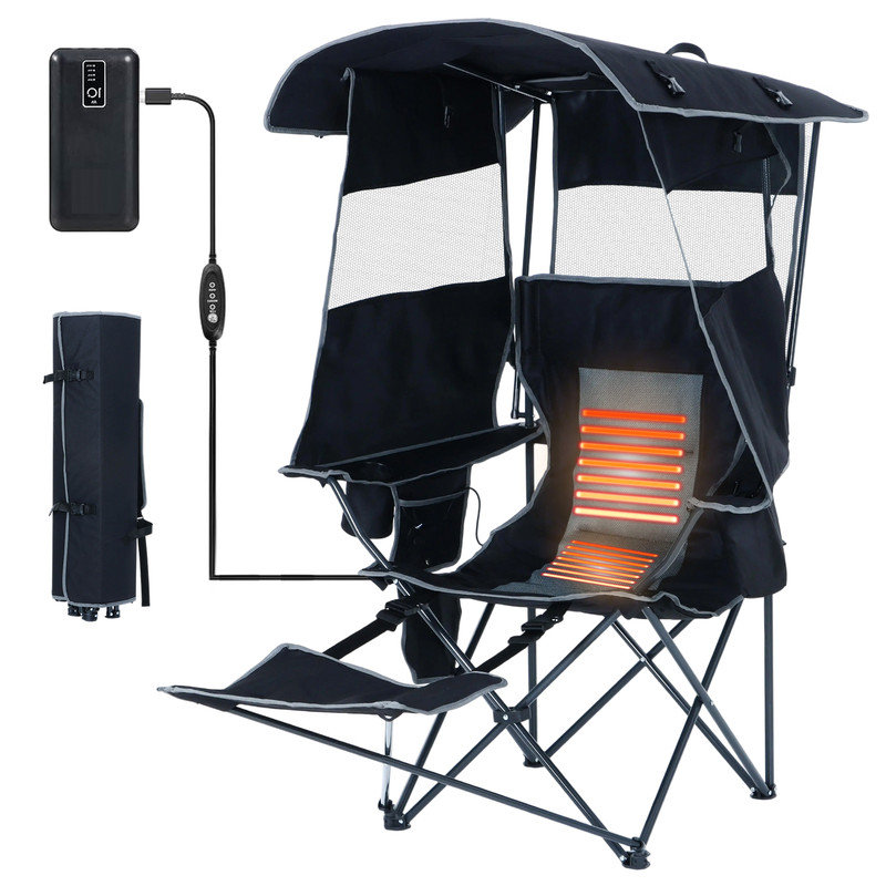 Heated Folding Camping Chair with Shade Canopy and Removable Footrest for Outdoor Activities (Set of 1), Set of 1