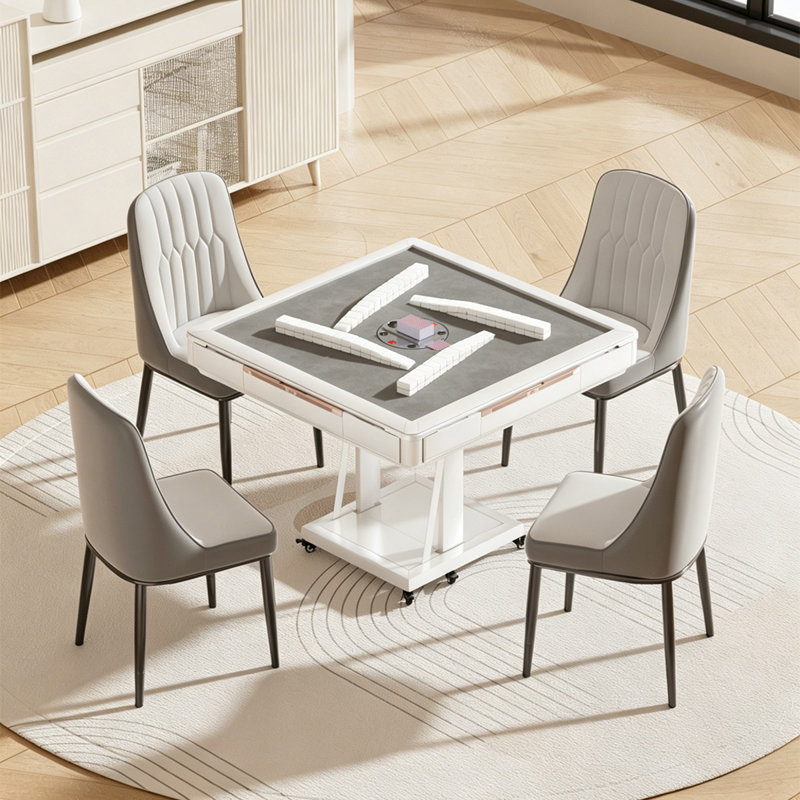 Table de mahjong pliable, multifonctionnelle, entièrement automatique et moderne, blanche, avec roulettes, pour règles chinoises, table à manger et table de poker.