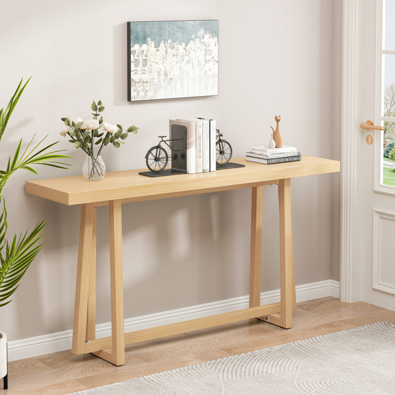Console de 60,34 po en oxyde de magnésium naturel et polyvalent pour un salon élégant à grain de bois, couloir simple