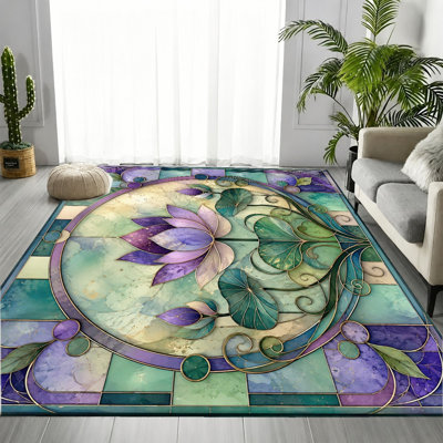 Tapis de style vitrail artistique, motif floral de lotus vert mauve, tapis de protection de sol antidérapant doux, décoration intérieure vibrante pour le salon, la chambre à coucher, le vestibule, la cuisine