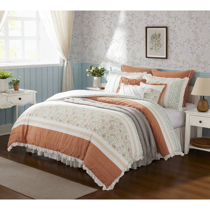 Ensemble d'édredon en percale de coton 9 pièces Coral Queen, Édredon grand + 8 pièces supplémentaires inclus, Corail