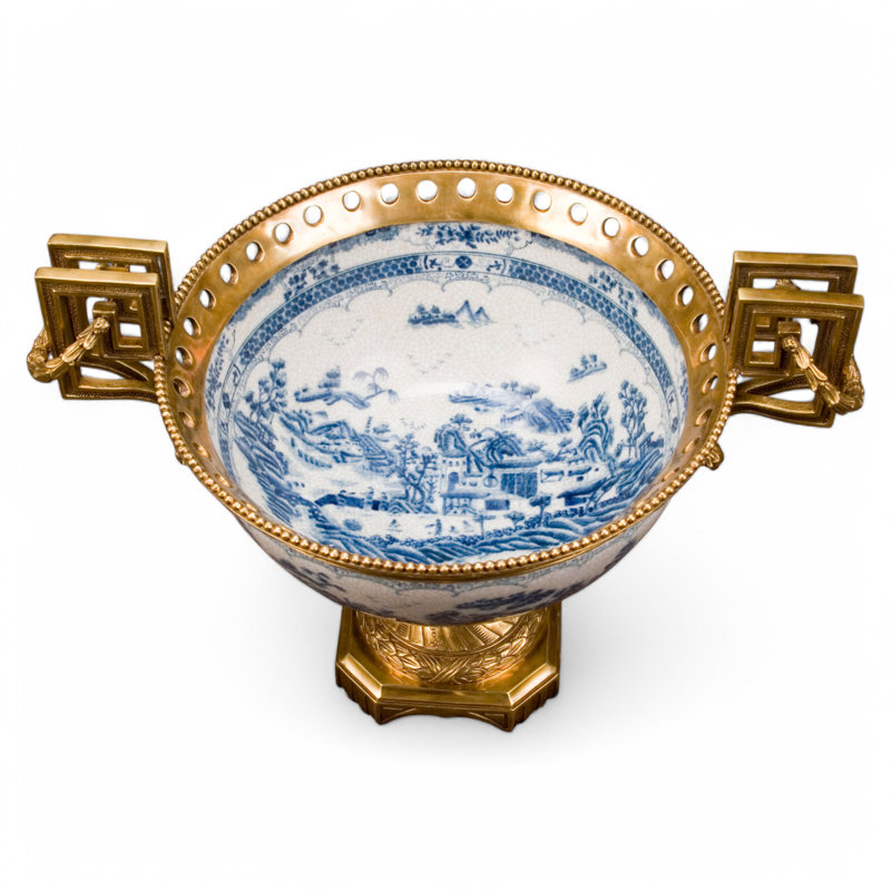 Porcelain Grand Round Trophy Vase With Bronze Blue Willow