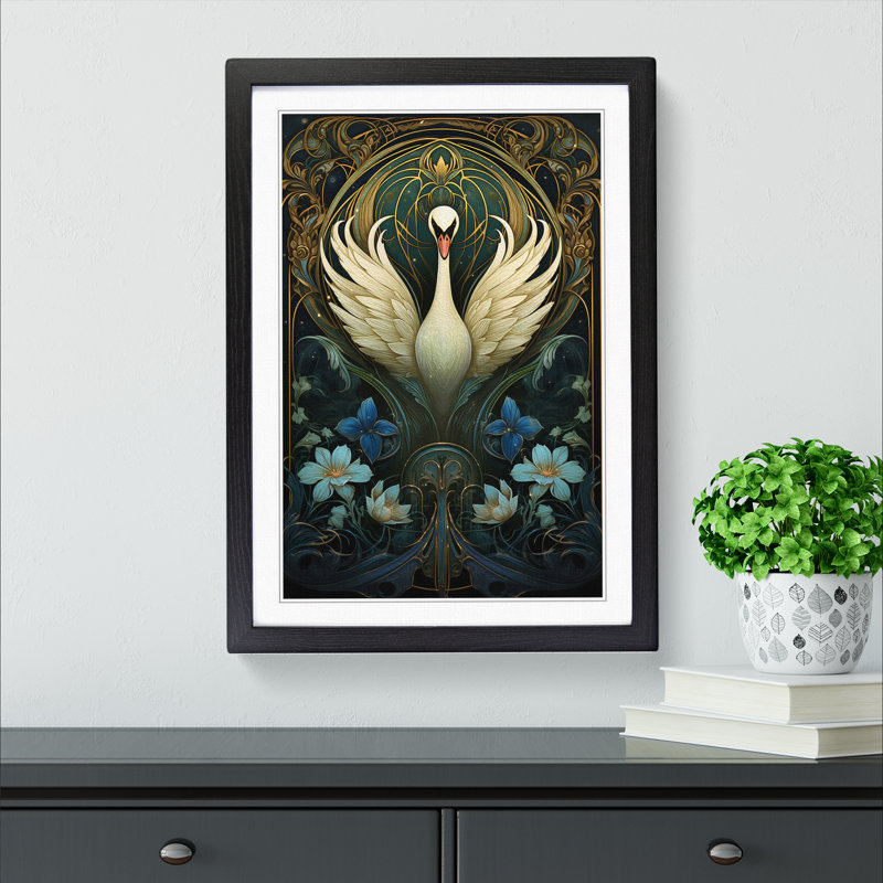 Swan Nouveau - Single Picture Frame Print on Wood, 64cm H x 46cm W x 2cm D, Black