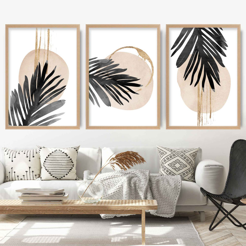 Aztec Palm Leaves - 3 Piece Single Picture Frame Print, Brown Framed, 73cm H x 53cm W 