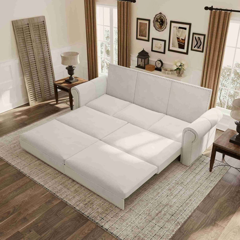 Canapé Chesterfield, canapé-lit gigogne de 93,7 po, canapé-lit convertible en velours 3 en 1 avec garniture cloutée et accoudoirs roulés, canapé-lit multifonctionnel pour le salon, la chambre à coucher, beige / blanc