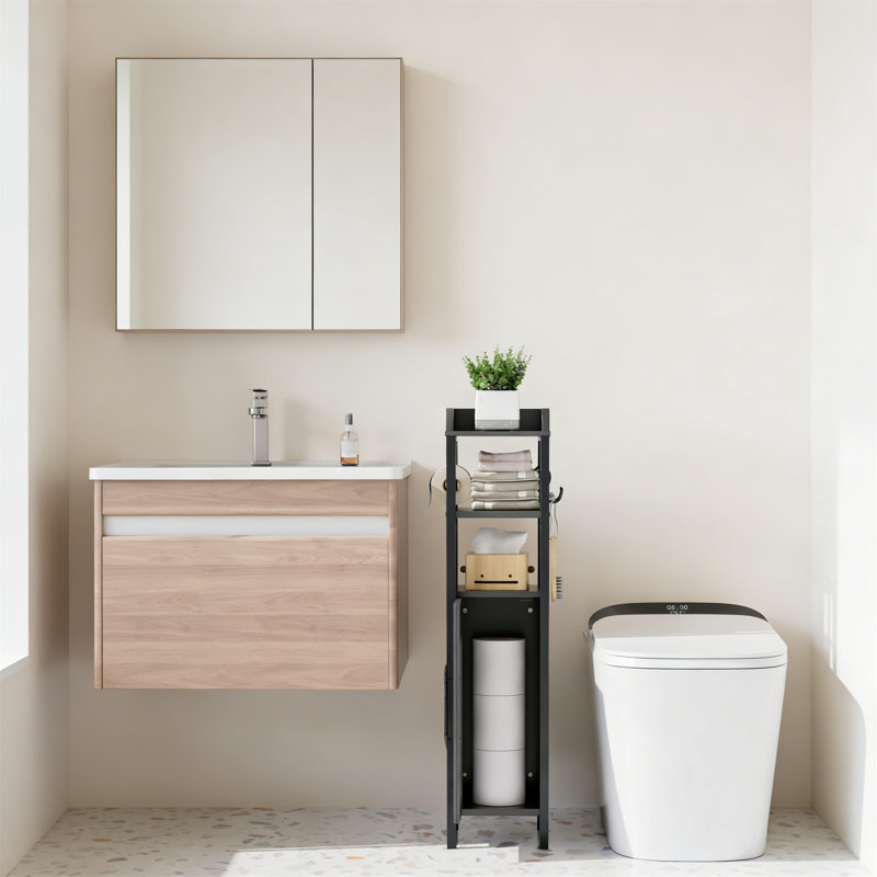 Rustic Brown Slim Toilet Paper Holder Cabinet With Shelves & Metal Racks