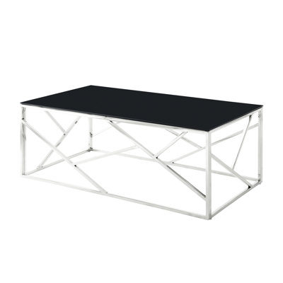 Rectangular Coffee Accent Table With Stainless Steel And Black Tempered Glass For Bedroom - Polished Frame