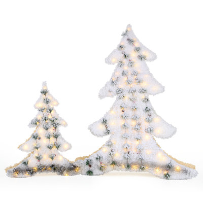 2-Pack（120cm+70cm）Flocked Iron Lighted Christmas Trees Decor - Foldable Outdoor/Indoor Holiday Decoration