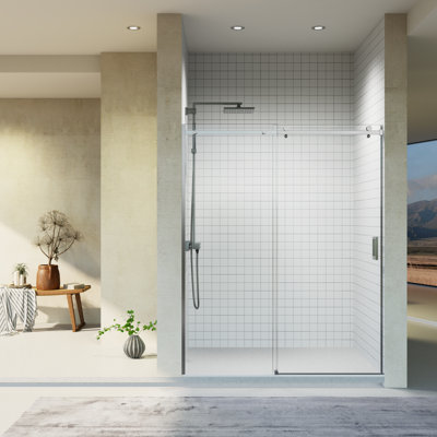 Porte de douche coulissante sans cadre H 56 po x l 56 po x H 74 po, porte de douche moderne en verre simple à dérivation simple, verre trempé de 5 à 16 po de style GSCC, design minimaliste épuré, noir mat