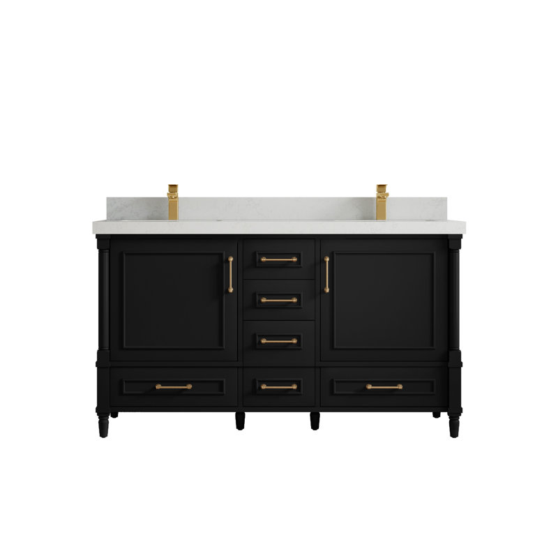 Ensemble de meuble-lavabo double 60 po Aberdeen, Quartz de Carrare, Noir