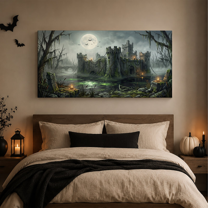 «Dark Castle Ruins Under Full Moon In Misty Swamp Halloween», art mural sur toile, L 20 po x H 10 po